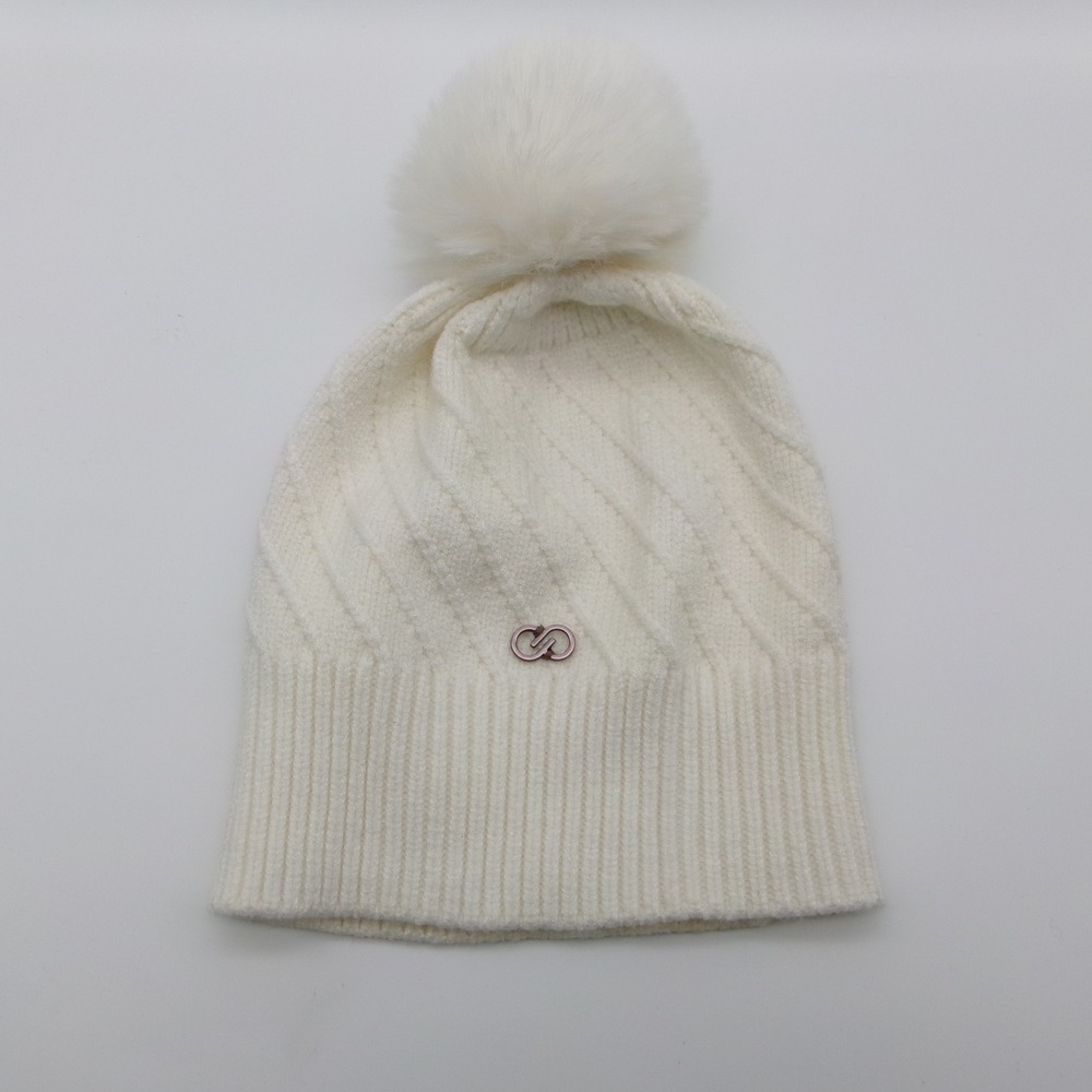Cream White Cable Knit Beanie with Faux Fur Pom Pom and Logo Charm RN 104141